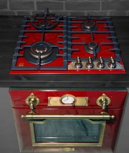 Gas Herdset Autark Kaiser Empire Bordeaux-Rot / Elektro Einbau Backofen EH 6355 RotEm 67L + Glaskeramik Gaskochfeld KCG 6335 RotEm 60cm