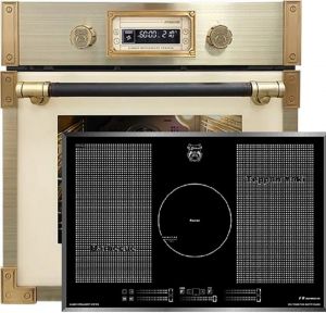 Kaiser Herd Set  EH 6427 ElfAD Retro Pyrolyse Einbau Backofen 73L Elfebeinfarbiges Glas 60 cm + KCT 777 FI La Perle Free Zone Induktions Kochfeld 77cm 