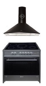 Gurari GCH E 912 BL Elektro Standherd 90 cm, Glaskeramik ,  Schwarz, Range Coocker+ Gurari GCH C  046 BL 9 Dunstabzugshaube 90cm , Schwarz Glas 