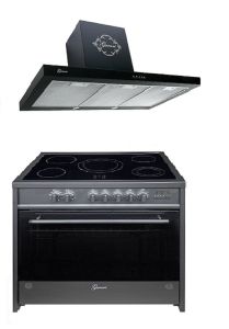 Gurari GCH E 912 BL Elektro Standherd 90 cm, Glaskeramik ,  Schwarz, Range Coocker+ Gurari GCH F 461 BL 9  Dunstabzugshaube 90cm , Schwarz Glas 